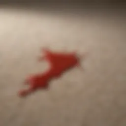 A close-up of a fresh ketchup stain on a plush carpet.
