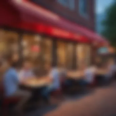 Vibrant street view of popular casual eatery in downtown Charlotte with diners enjoying their meals