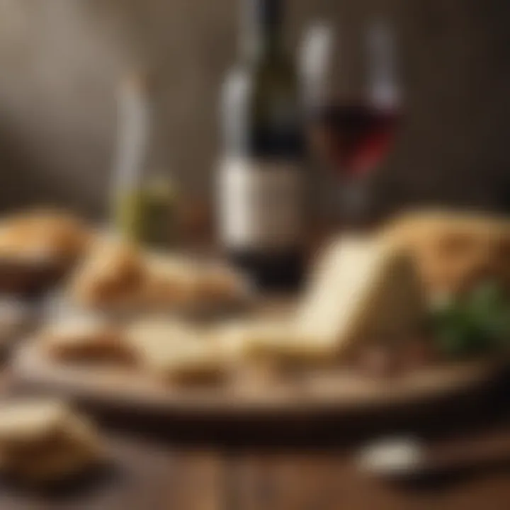 A rustic setting featuring sliced Parmesan cheese alongside wine and crackers