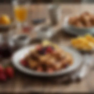 A rustic table setting featuring Southern French toast with syrup and seasonal fruits