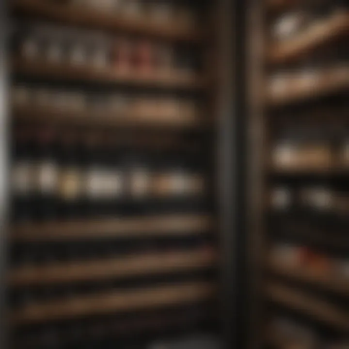 Interior view of a wine fridge with organized bottles