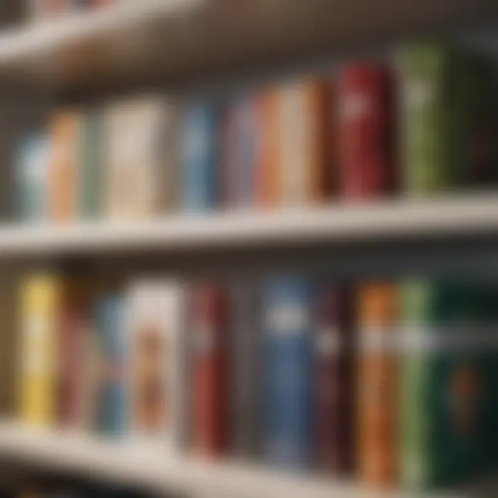 Different types of binders arranged on a shelf