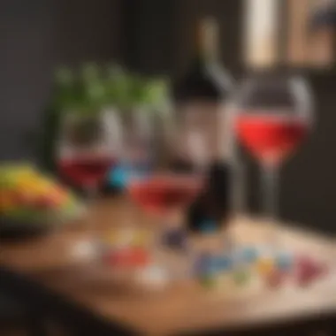 Colorful silicone wine glass markers arranged on a table