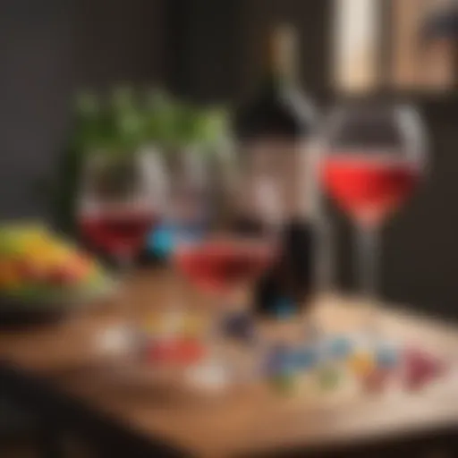 Colorful silicone wine glass markers arranged on a table
