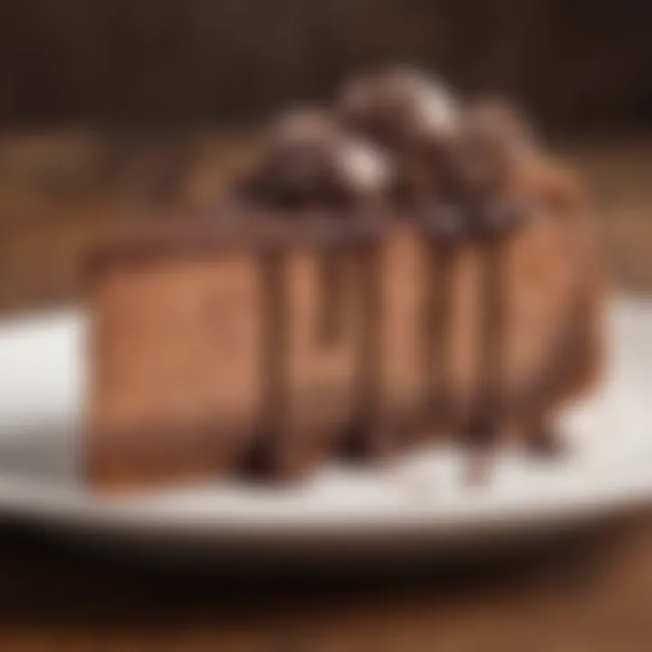 Close-up of a chocolate cheesecake slice revealing creamy texture