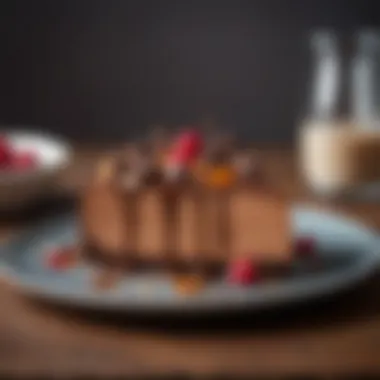 A beautifully plated chocolate cheesecake with garnishes