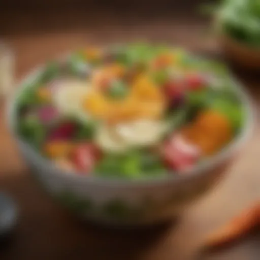 A vibrant salad bowl filled with fresh greens, colorful vegetables, and a light dressing.
