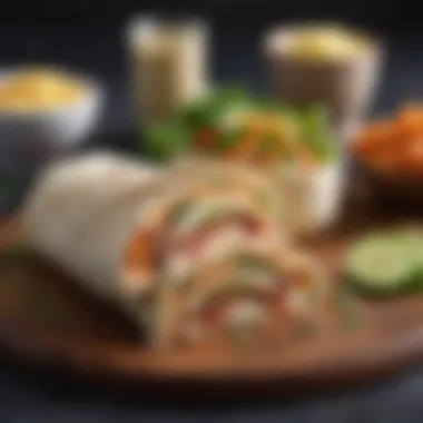 Deliciously Stuffed Wrap A hearty wrap filled with lean protein, crunchy veggies, and zesty sauce, elegantly plated.