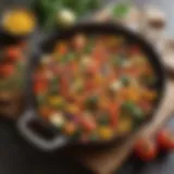 Sizzling skillet with vibrant vegetables