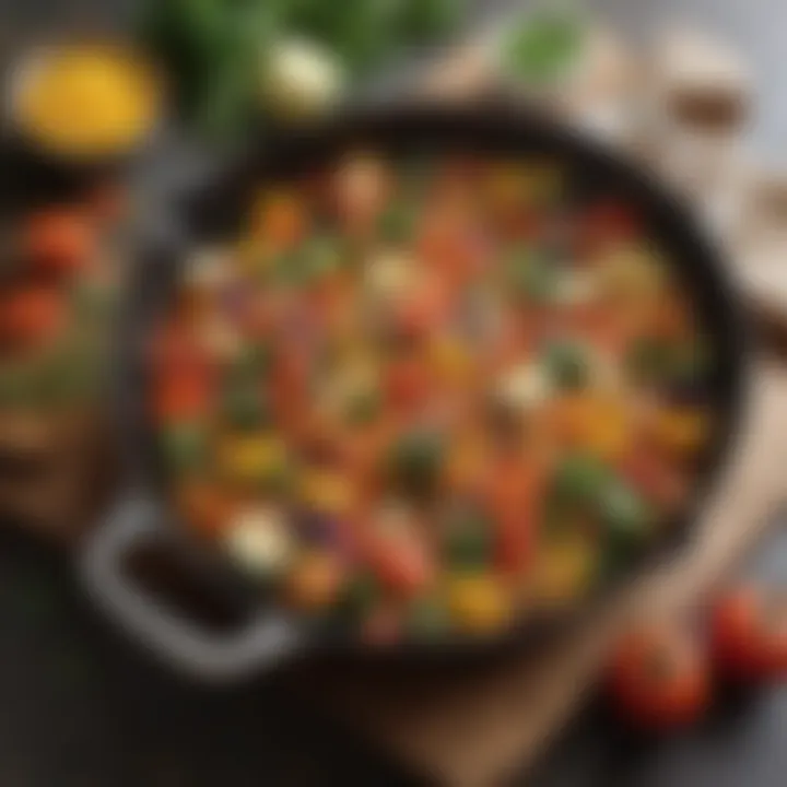 Sizzling skillet with vibrant vegetables