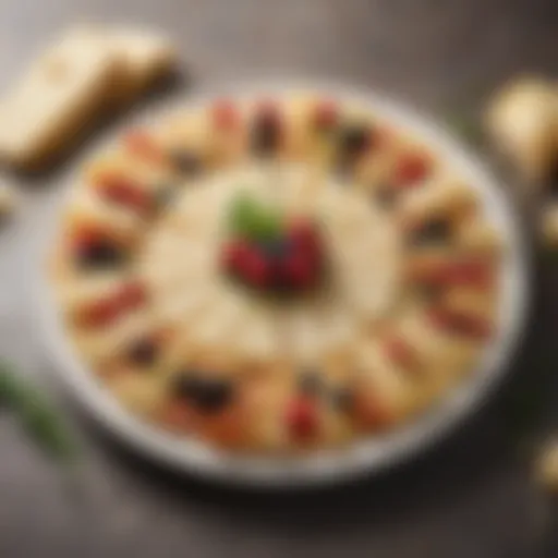 A beautifully arranged platter of sliced Parmesan cheese with herbs and fruits