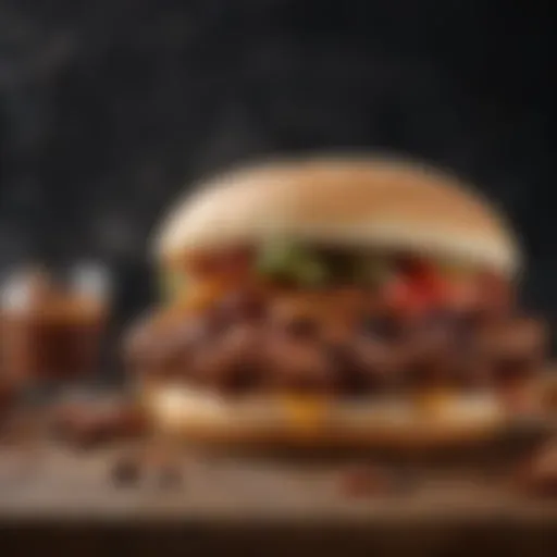 A close-up of a smoky BBQ sandwich with a crispy crust