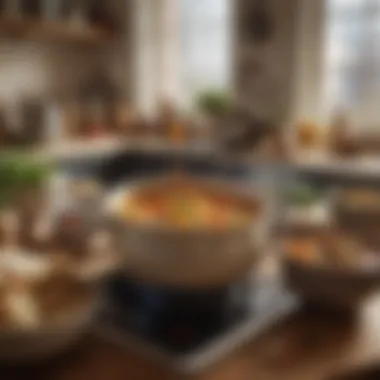 The Heartwarming Essence of Soup Preparation A cozy kitchen setting with pots of simmering soup on the stove.