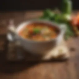 A vibrant bowl of vegetable soup showcasing fresh ingredients.