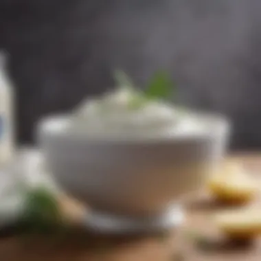 A bowl of sour cream with fresh onion sprigs