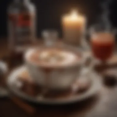 Spirits for Spiked Hot Chocolate An assortment of spirits displayed alongside a rich bowl of hot chocolate
