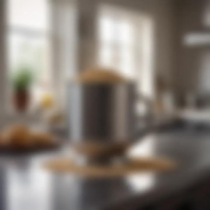 Stainless steel flour sifter in a modern kitchen setting