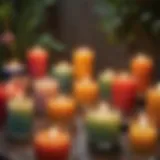 A collection of summer candles arranged in a serene outdoor setting, showcasing vibrant colors and unique designs.