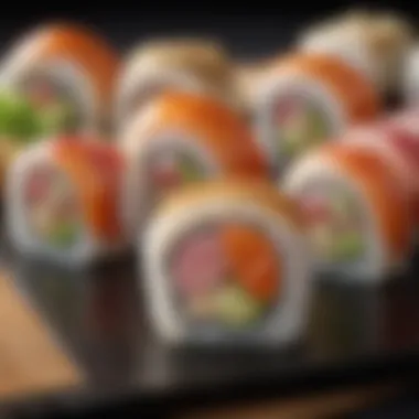 Close-up of expertly crafted sushi rolls garnished with fresh ingredients