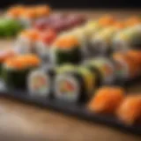 An assortment of colorful vegetable sushi rolls arranged elegantly on a platter.