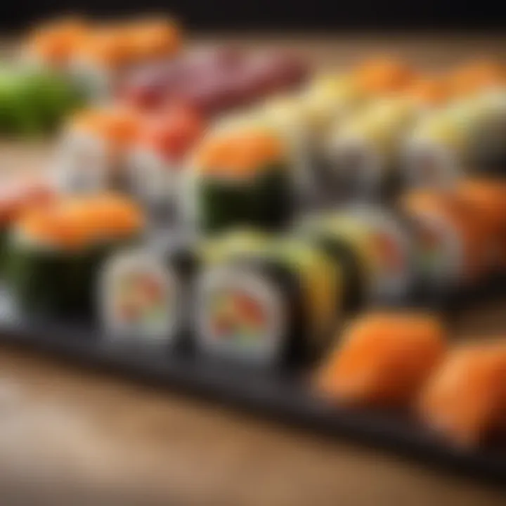 An assortment of colorful vegetable sushi rolls arranged elegantly on a platter.