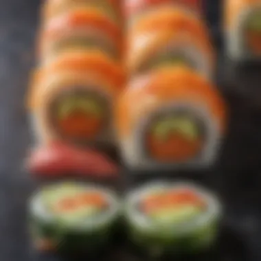 A close-up of a vibrant vegetable sushi roll showcasing its layers of ingredients.