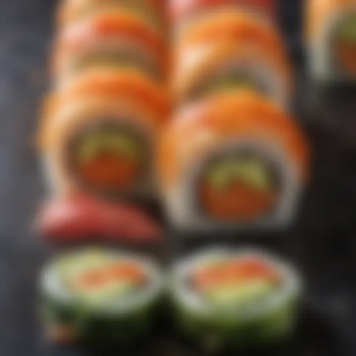 A close-up of a vibrant vegetable sushi roll showcasing its layers of ingredients.