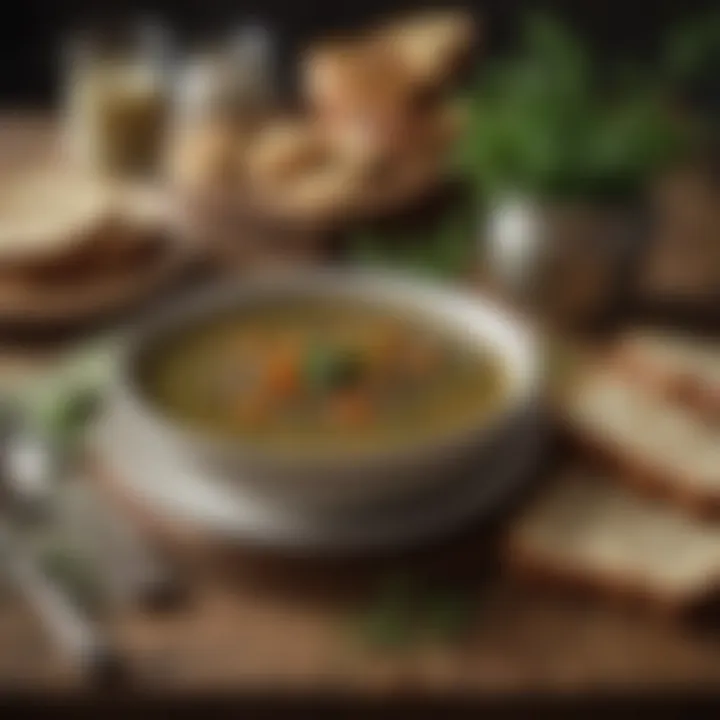 A beautifully set table featuring green lentil soup alongside artisanal bread