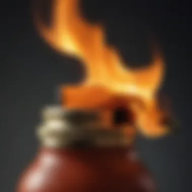 Close-up of the flame from a lighter against a bottle top.