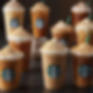 An artistic shot of various Starbucks caramel drinks