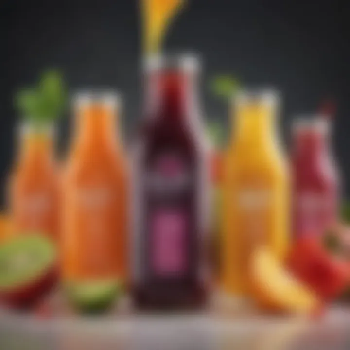 An assortment of juice bottles filled with colorful blends.