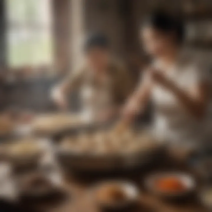 Traditional gathering around a table making Jiao Zi
