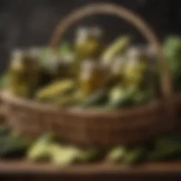 An elegant display of assorted pickles in a handcrafted basket showcasing traditional preservation methods.