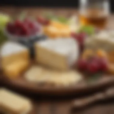 A close-up of a cheese platter with various textures and colors