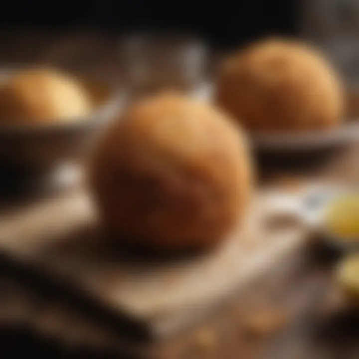 A golden-brown boudin ball resting on a rustic wooden table, showcasing its crispy exterior