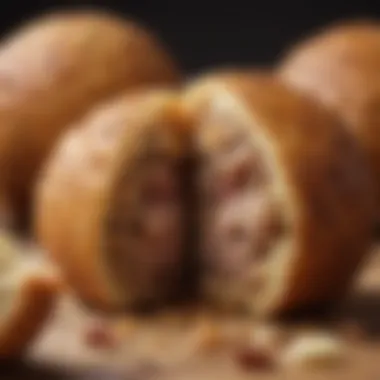 A close-up view of a boudin ball cut in half, revealing its flavorful filling