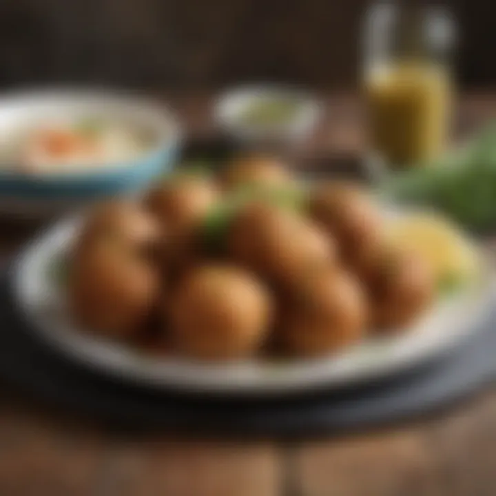 An inviting plate of boudin balls garnished with fresh herbs and dipping sauces