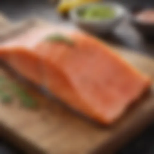 Fresh salmon fillet displayed on a wooden cutting board