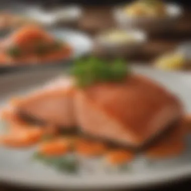 Culinary Presentation of Salmon A beautiful plated salmon dish garnished artistically