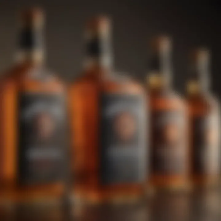 A close-up of different whiskey bottles showcasing their unique labels.