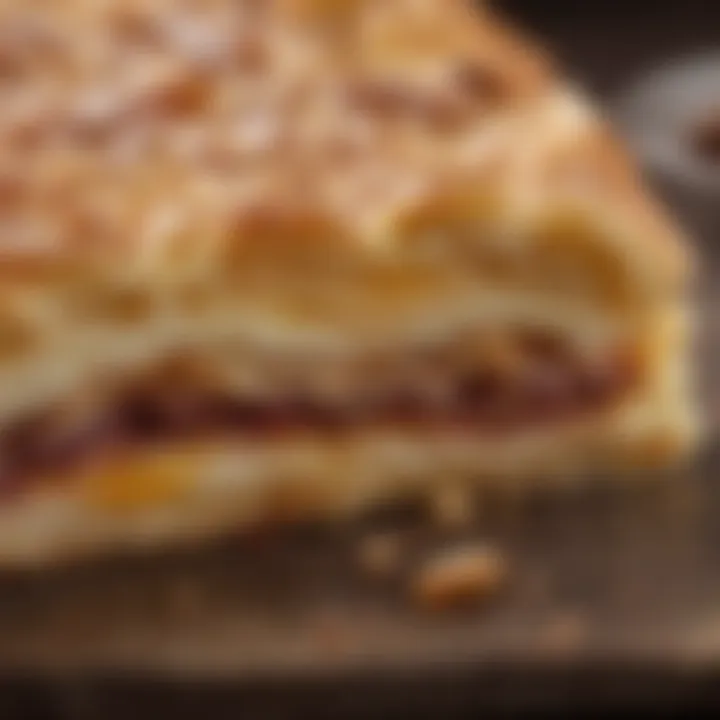 A close-up of a slice of kringle, showcasing its flaky layers and rich filling, inviting the viewer to indulge.