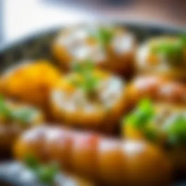 A close-up of small pickles garnished with herbs