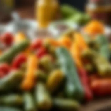 A variety of small pickles in a vibrant display