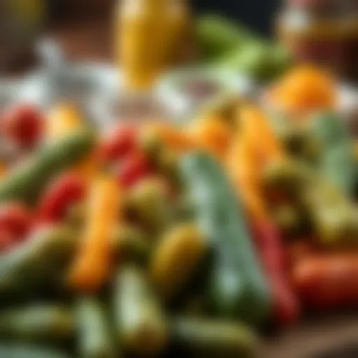 A variety of small pickles in a vibrant display