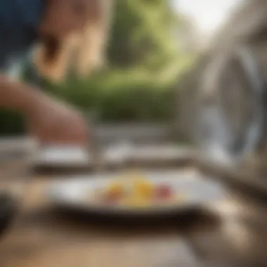 Tips for Caring for Outdoor Plates A person rinsing outdoor plates before placing them in the dishwasher.