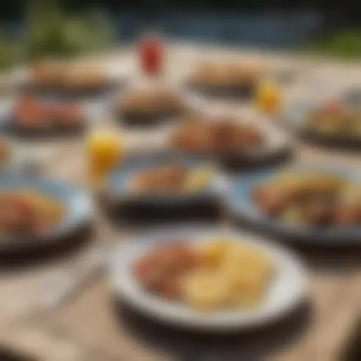 A collection of outdoor plates arranged on a picnic table under the sun.
