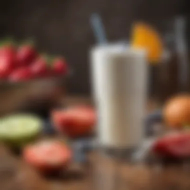 Refreshing Kefir Drink A glass of creamy kefir with a splash of fruit in the background