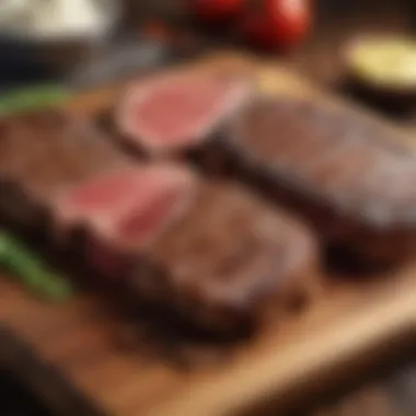 Selection of premium rib eye steaks displayed on a wooden board