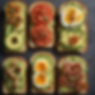 Artful Avocado Toast Variations A close-up of a gourmet avocado toast with various toppings