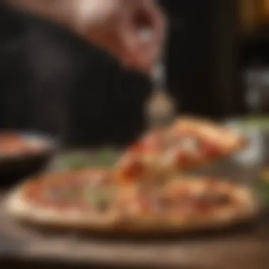 A pizza peel in action, lifting a freshly baked pizza